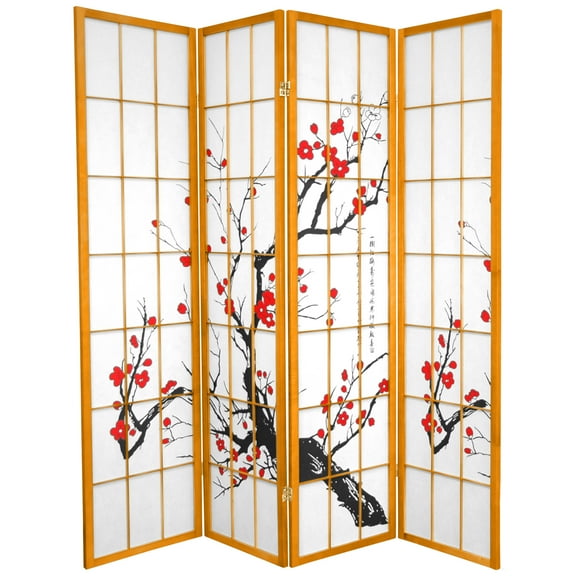 Oriental Furniture 6 Ft Tall Flower Blossom Room Divider, honey color, 4 panel