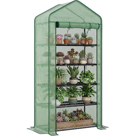 NeoNiches 5 Tier Mini Greenhouse Small Portable 76" x 35.4" x 19.3" Green | Reinforced PE Cover, Roll-Up Zippered Door, for Indoor Outdoor Garden Yard Backyard