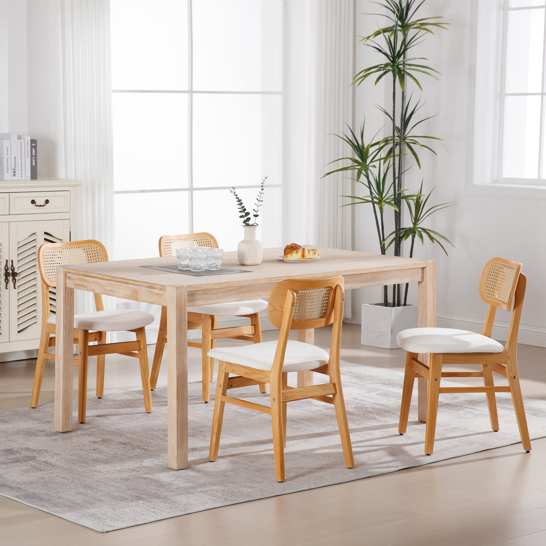 Guyou Rattan Dining Chairs Set of 4, Farmhouse Natural Wooden Dining Side Chairs, Mid Century Modern Linen Upholstered Kitchen Chairs with Cane Back for Dining Room Kitchen Living Room, Beige