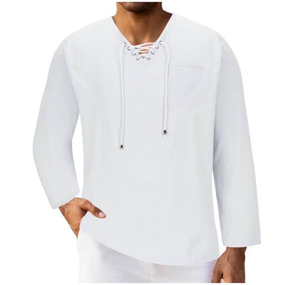 cfhntfmh Mens Linen Beach Tee Shirts Drawstring V Neck Shirts Long Sleeve Tunic Summer Vacation Big and Tall Shirt(White,X-Large)