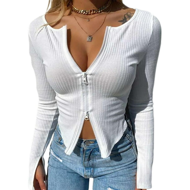 Women Front Zipper Ribbed Crop Top, Zip Long Sleeve Tight Knitwear Shirts  Tops 