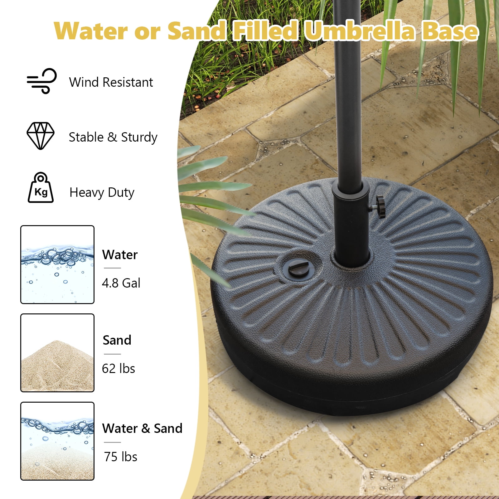 Topbuy Water & Sand Fillable Umbrella Base 20" Round Table Umbrella Stand Base Umbrella Pole Holder