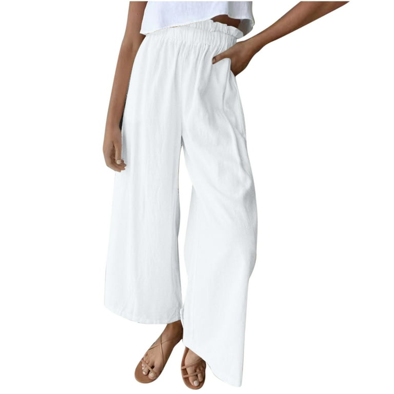 JNGSA Flowy Pants for Women Casual High Waisted Wide Leg Palazzo Pants  Trousers Solid Color Elastic Pants White 8 