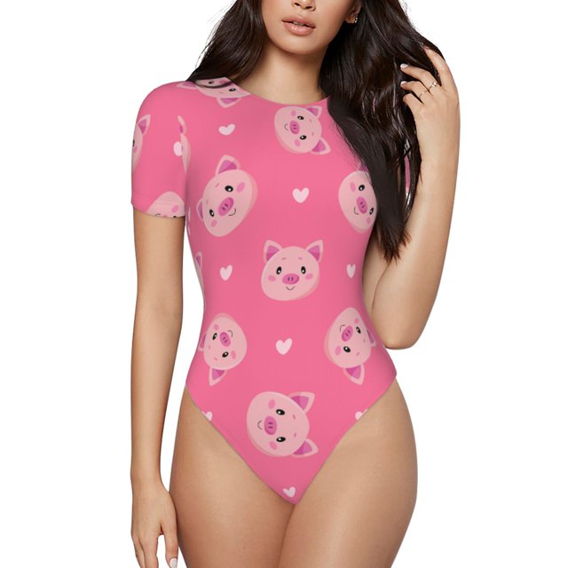 Fotbe Cartoon Pigs and Hearts Body de Mujer con Cuello Redondo y Mangas Cortas, Sin Mangas Ajustado, Suave, Cómodo y Básico-Medium