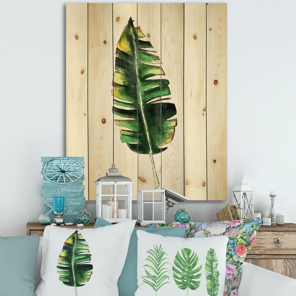 Designart 'Single Banana Leaf On White' Bohemian & Eclectic Print on Natural Pine Wood