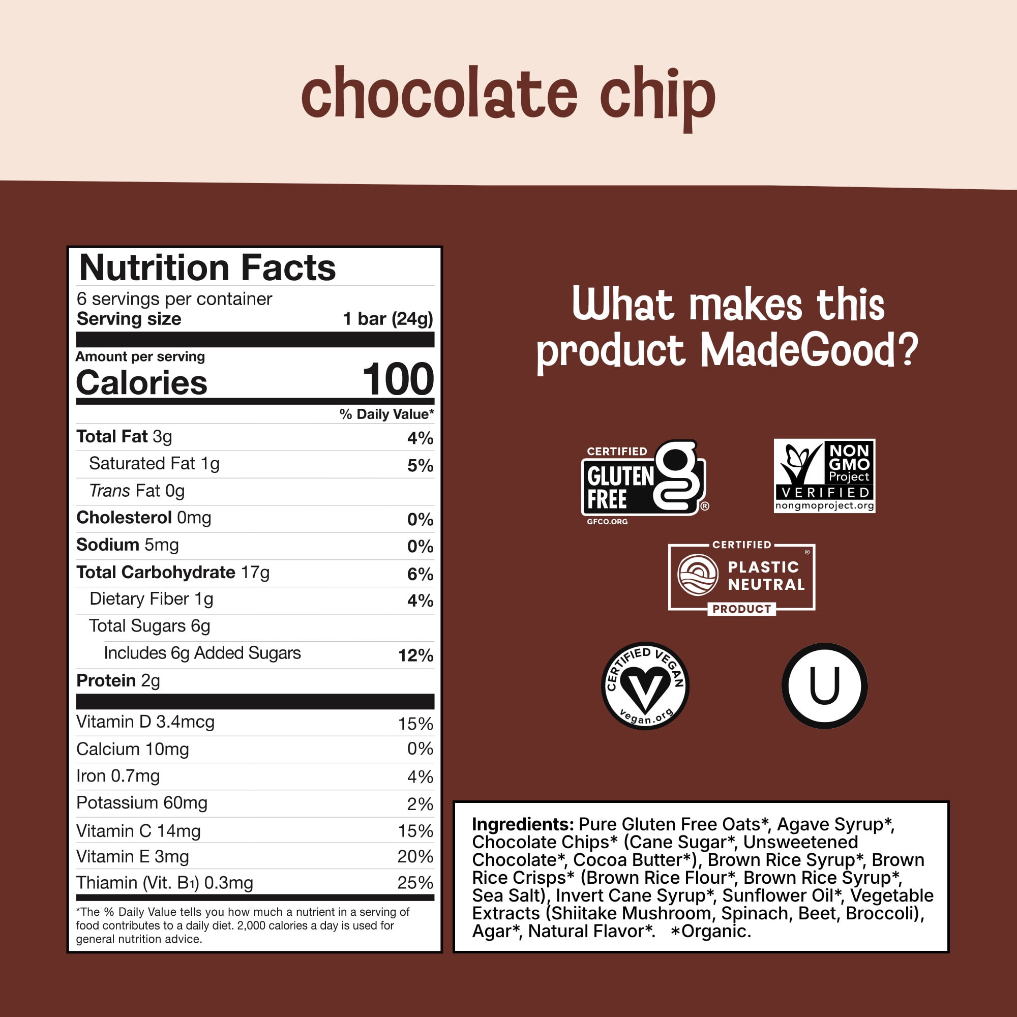 MadeGood Chocolate Chip Granola Bars, 6 Count of Snack Bars, 0.85 oz Each