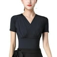 thumbnail image 7 of Short Sleeve Latin Ballroom Dance Tops Stretch Jersey V-Neck Ruched Wrap-Over Fitted, 7 of 7