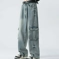 thumbnail image 6 of Luwomo Casual Jeans for Mens Cargo High Street Workwear Wide Leg Straight Leg High Waist Long Trousers Loose Fit Design with Pocket Relaxed Fit Denim Pants Blue,L, 6 of 9