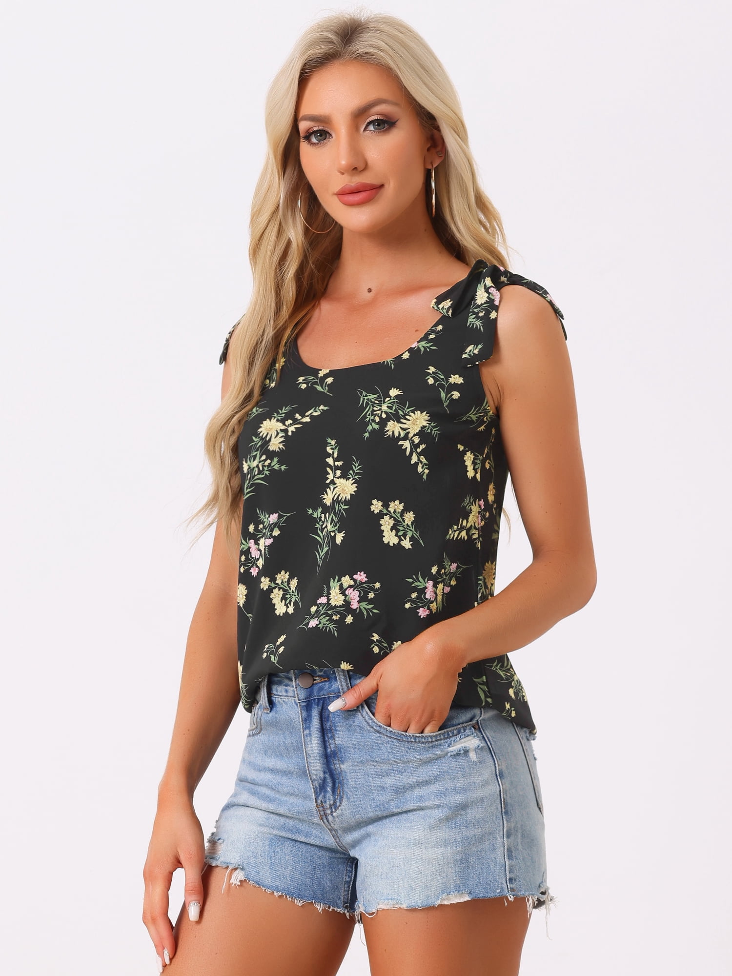 DARING DIVA Women's Floral Sleeveless Bow Tie Straps Boho Peasant Tank Top L Blacks