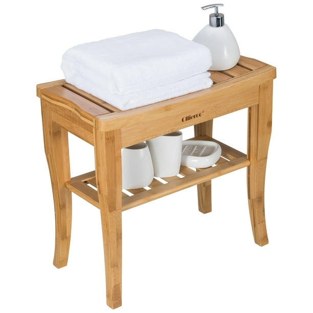 Ollieroo Bamboo Shower Bench with Storage Shelf, 2-Tier Luxury Spa Seat