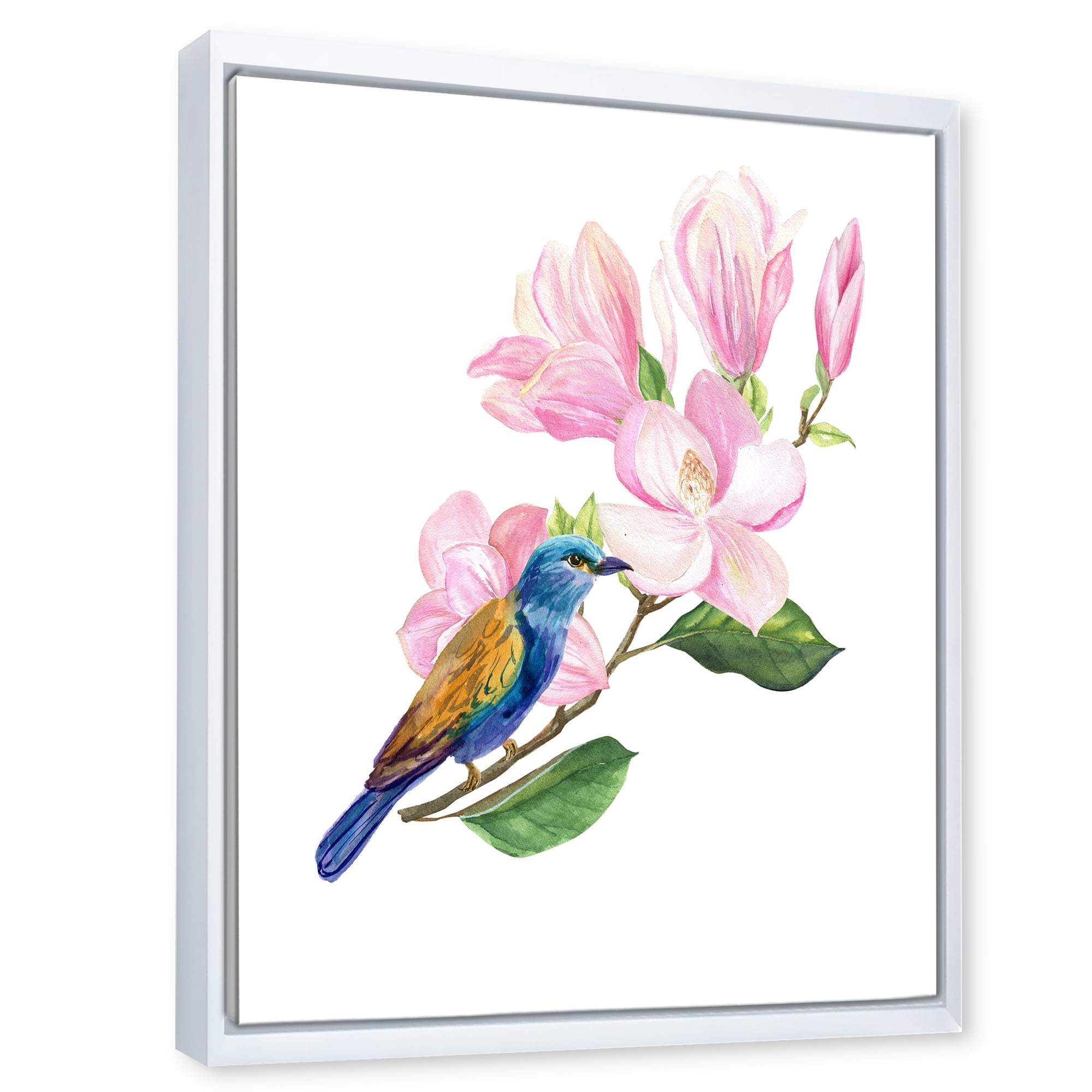 Blue Bird Sitting On A Pink Magnolia 12 in x 20 in Framed Painting Canvas Art Print, by Designart