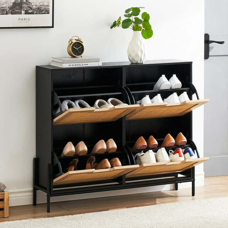 IDEALHOUSE 4 Door Rattan Shoe Cabinet Freestanding Organizer with Adjustable Shelves Walmart
