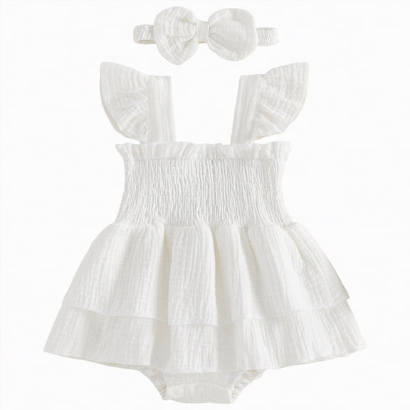 NIEWTR Newborn Baby Girl Summer Outfit Linen Ruffle Bubble Romper Dress One Piece Bodysuit Jumpsuit Infant Summer Clothes(A-White,12-18 Months)