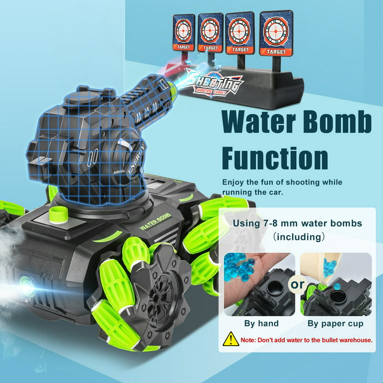 Water Bomb RC Tank Car, Remote Control Car 180° Rotating Shoots with LED  Light Realistic Sounds Spray & 360° Rotation 4WD 2.4GHz Drift Car RC Battle
