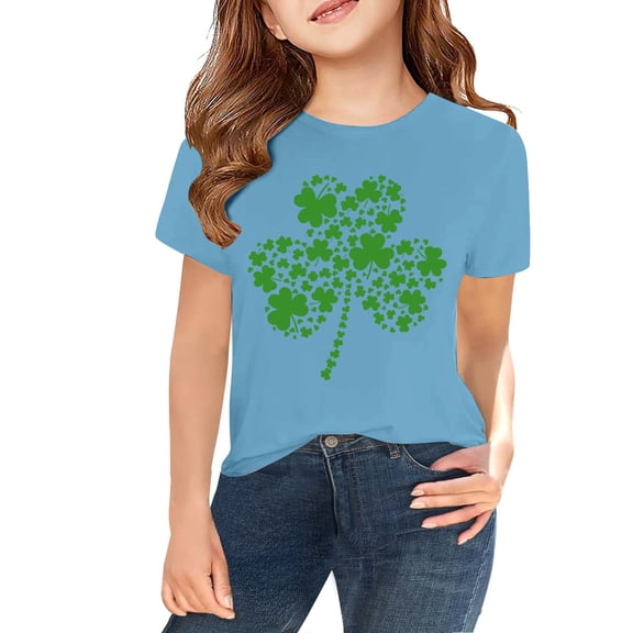 XIMIN Clover Collage Kids' Short-Sleeve Crew Neck T-Shirt - Layered Green Graphic, Soft Comfy St. Patrick's Day Lucky Charm Top for Girls Boys