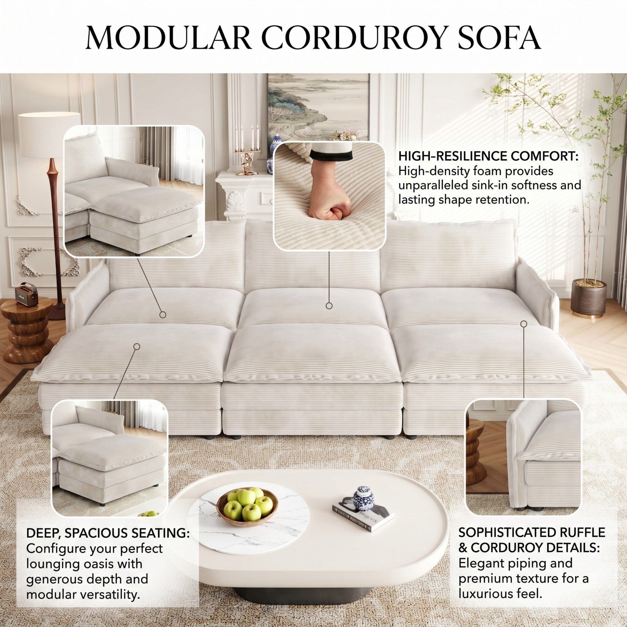 Sailvan 3-Seater Corduroy Sofa with 3 Ottomans, Oversized Deep Seat Cloud Couch for Living Room Beige