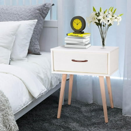 Wood Bedside Table Yescom Sofa Bedside End Table Nightstand Coffee Table Solid Wood Legs with Fabric Drawer Bedroom Living Room ()