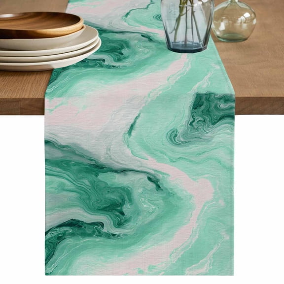 Green Marble Table Runner 48 Inches, Summer Ocean Wave Green Ombre Bed Runner Dresser Scarves Tabletop for Indoor Outdoor Parties/Ceremony/Banquet, 13" x 48"