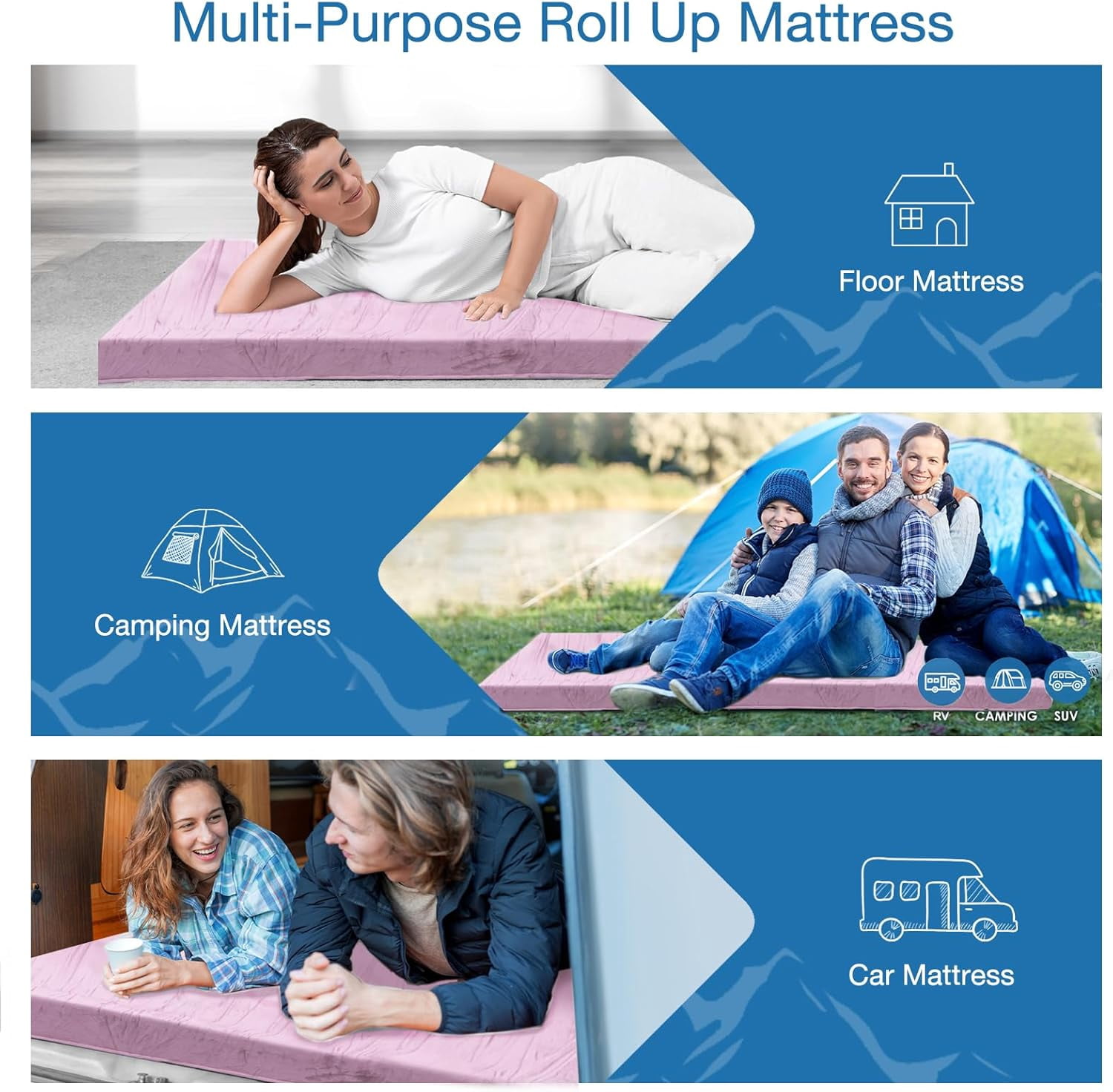 Invoker CertiPUR-US Memory Foam Camping Mattress Pad, Portable Roll Up Sleeping Pad for Camping, Car, Tent, Comfortable Sleeping Mats for Guests Kids Adult Sleepover