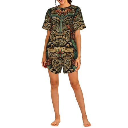 Women s Short Sleeve Pajama Set 2-Piece Loungewear Sleepwear Top and Shorts Retro Tiki Tribal Hawaiian Vintage