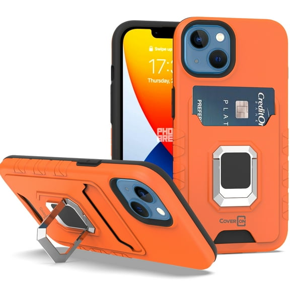 CoverON For Apple iPhone 14 Case, Credit Card slot Ring KickStand Rugged Phone Cover Magnetic holder, Lavender