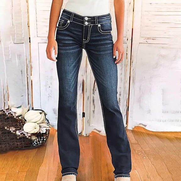 uublik Jeans for Women Low Rise Straight Jeans Loose Wide Leg Stretchy Denim Pants with Pockets, Blue