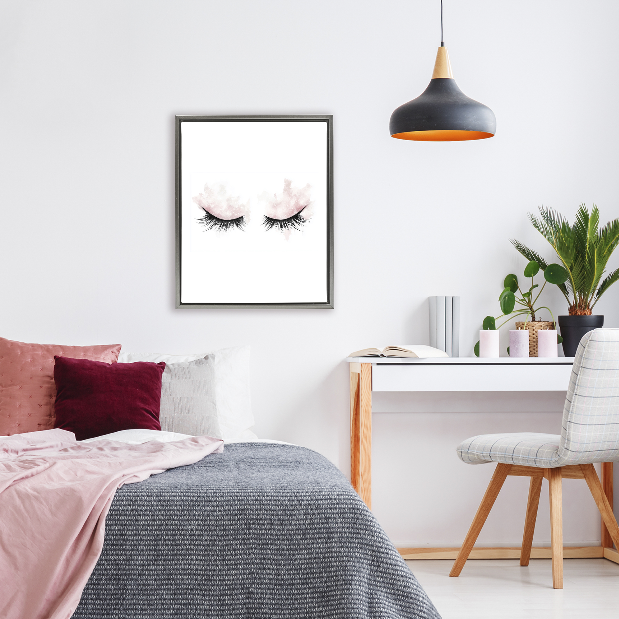 Pastel Pink Makeup & Lashes Gray Framed Floater Canvas Wall Art, design by Christine Simpson Art