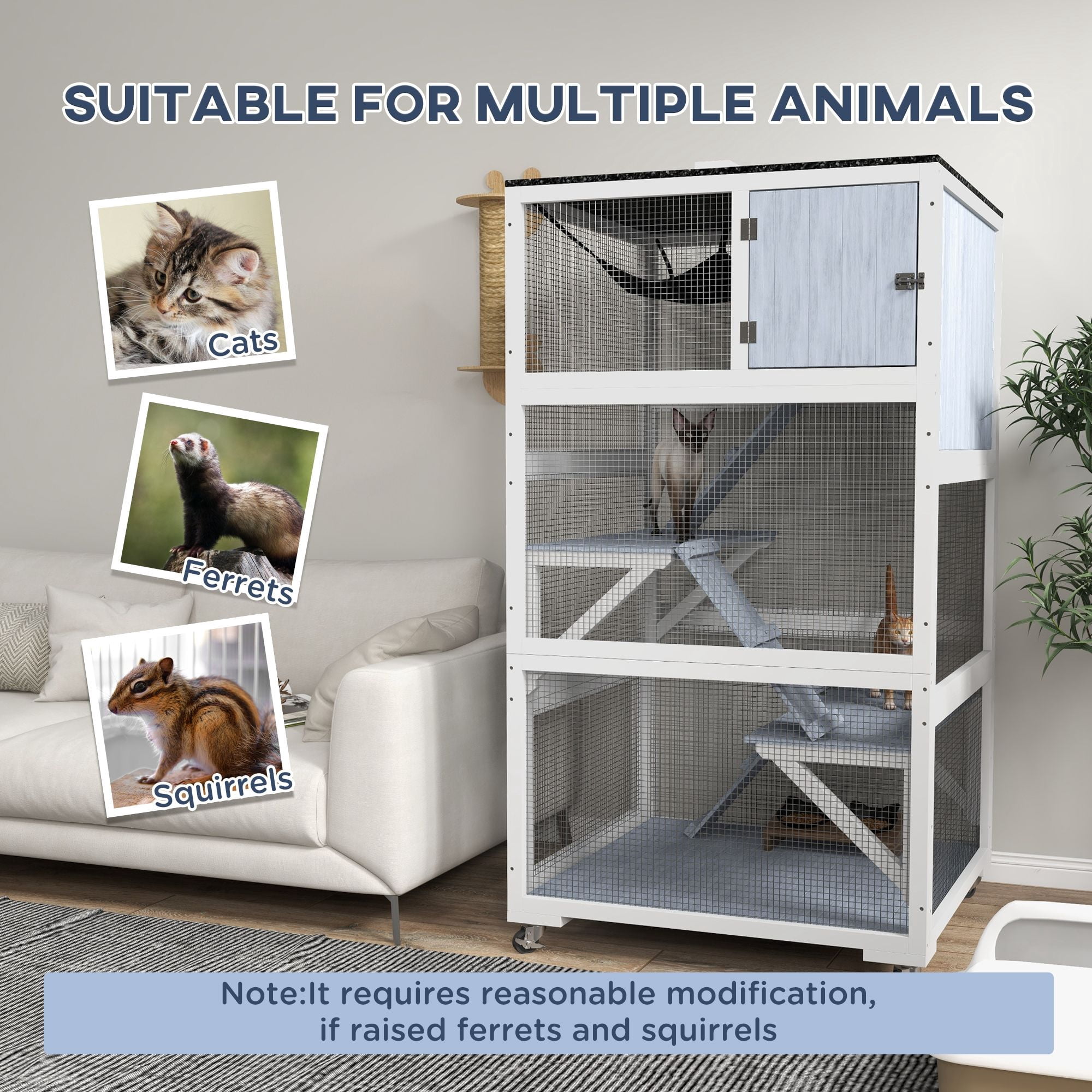 PawHut Outdoor Catio Enclosure, Multi-Level Fir Wood Cat Cage with Hammock, Ramps, and Nap Box, Mobile Wheels, Weather-Resistant Asphalt Roof, 33.75"L x 31.5"W x 66"H, Light Gray