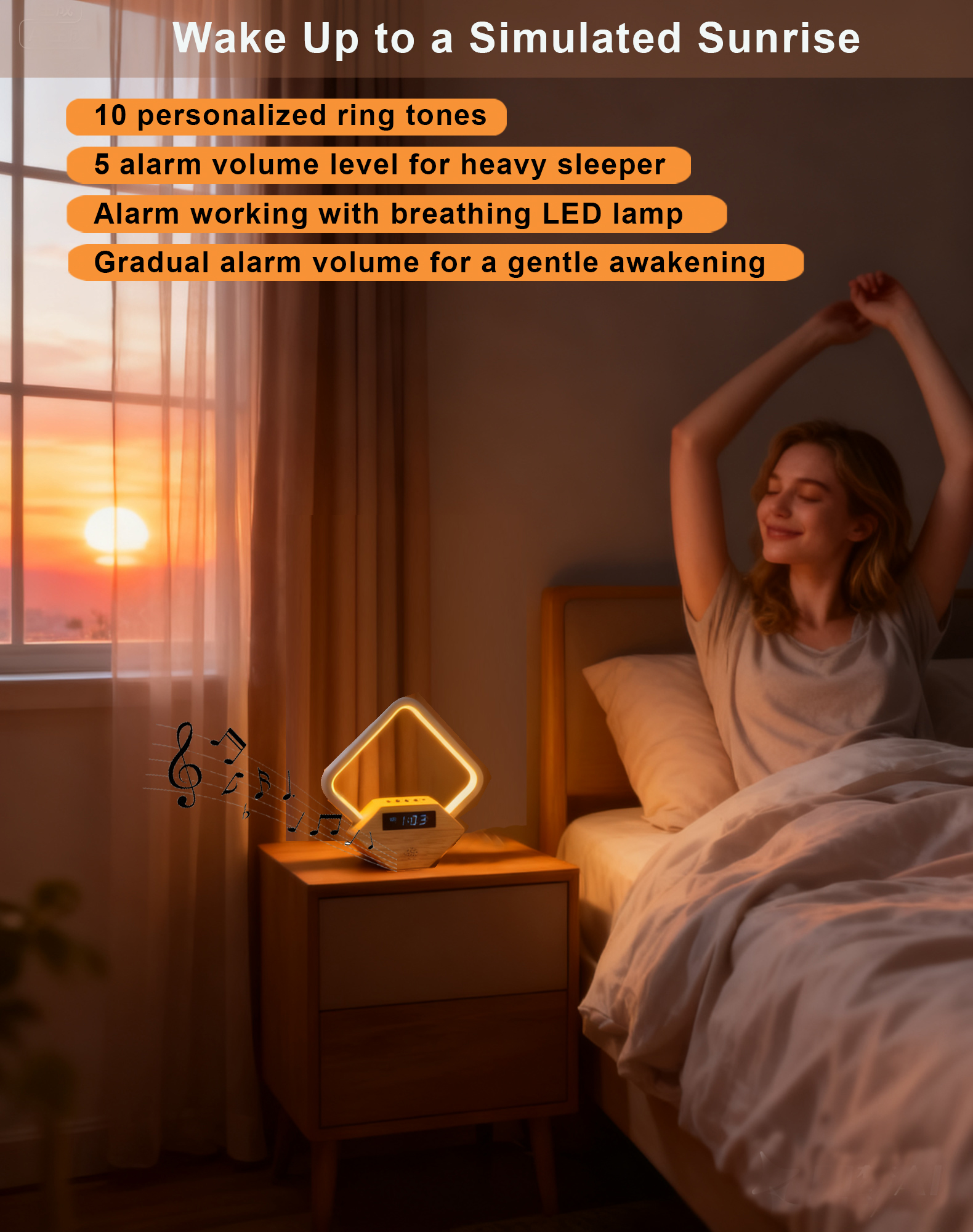 Sunrise Alarm Clock with White Noise Sound Machine, Wake Up Light for Bedrooms Heavy Sleepers Adults,Rain Thunderstorm Ocean Sleep Sounds,Bedside Lamps with Fast Charger USB C,Gift for Kid Baby