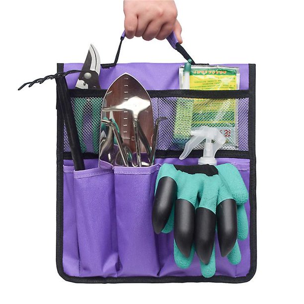 Bolsa de herramientas plegable para jardín (morado), organizador colgante portátil para carrito de trabajo al aire libre, bolsa de almacenamiento de herramientas para carrito de jardín plano