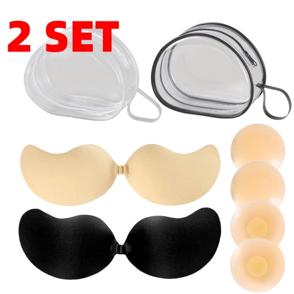 Set of 2, Sticky Bra with Nipple Covers and Storage Bag, Backless Strapless Bra Push Up, Adhesive Invisible Lift Up Bras, Beige & Black
