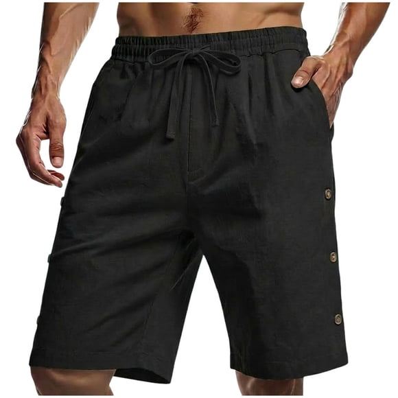 yocbz Dress Shorts For Men Men's Solid Color Loose Beach Shorts Button Decoration Drawstring Casual Shorts Black,M