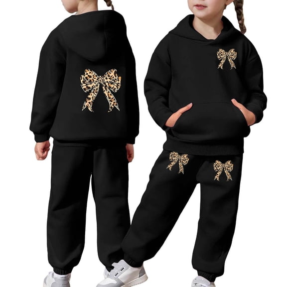 Girl's 2 Piece Pullover Sweatshirt Set Thick Cozy Tracksuit Fashion Bow Print Pullover Hoodie With Jogger Pants Two Piece Outfit For Toddler Kid Casual Sweatsuits Sets 2-3 Years
