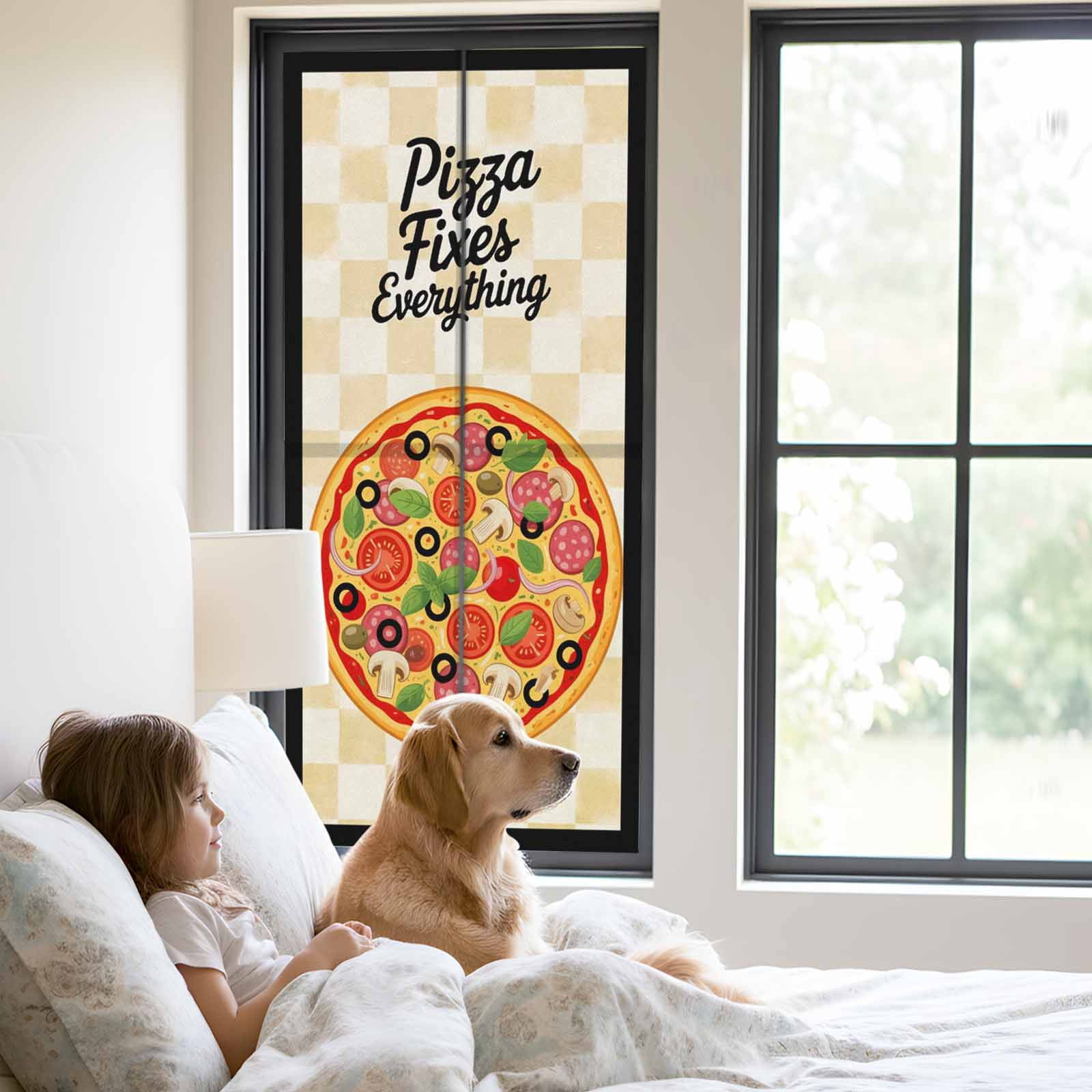 Pizzas Window Privacy Film, Retro Pizzas Art Vintage Yellow Plaid Black Borderlines Frosted Glass Window Clings Static Cling UV Heat Blocking Reusable Door Sticker for Bathroom 23.6 x 59 Inch
