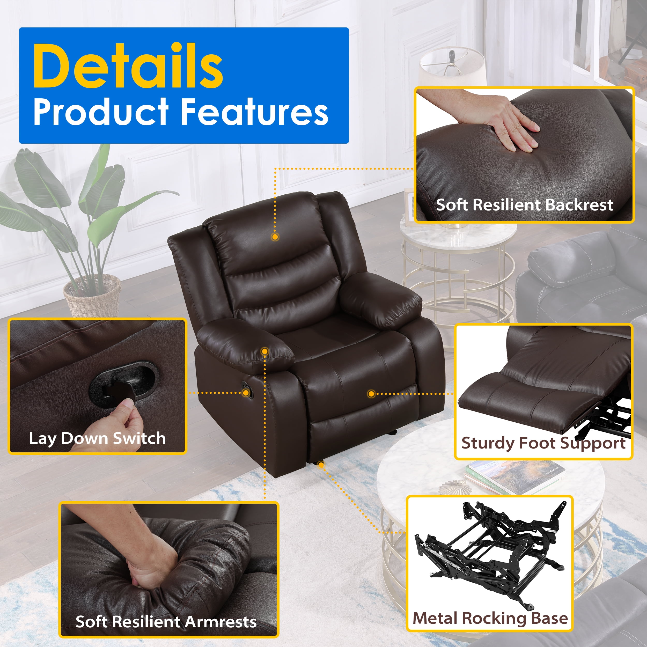 TrumanPick Recliner Chairs for Audlts, PU Leather  Rocker Recliners Small Spaces Sleeper Sofa Chair for Living Room, Brown