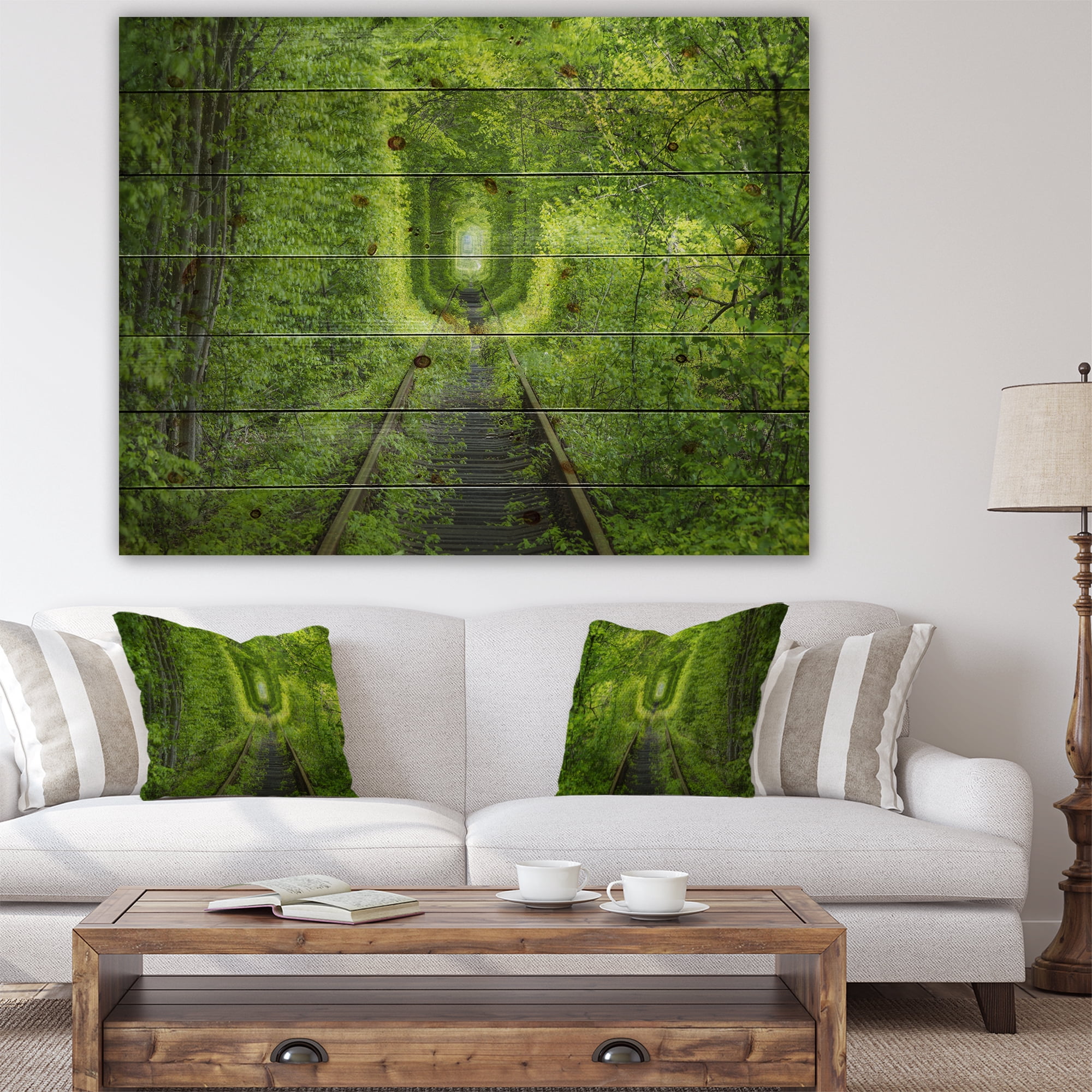 Designart 'Lush Green Forest around Rail Way Tunnel ' Landscape Print on Natural Pine Wood