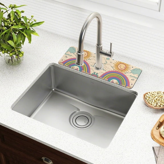 Yayeee Faucet Mat for Kitchen Sink 14.7" Diatomite Long Splash Guard Pad, Beige Rainbow