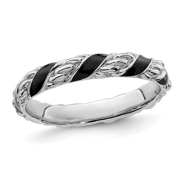 Black Enamel Band Ring in Polished Sterling Silver