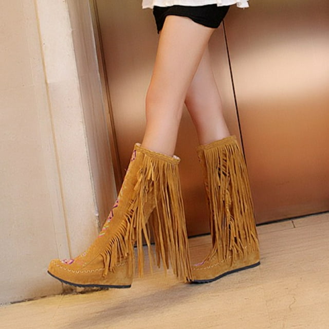 LSLJS Women Plus Size Fall Winter Ethnic Style Retro Tassel Inner Sloping Heel Flat High Warm Plush Boots, Women's Middle Mid Calf Boots