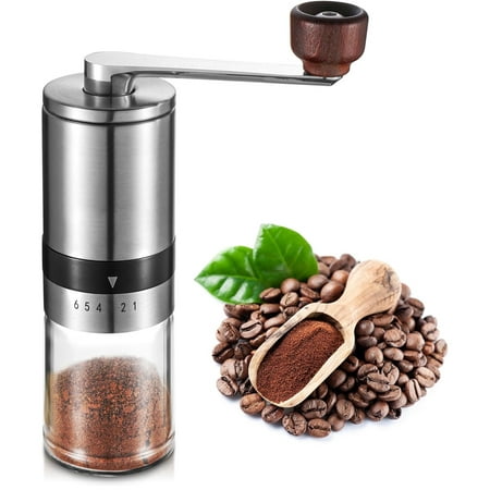 OhhGo Manual Hand Coffee Grinder - Crank Handle with Wood Knob, 6 Adjustable Grind Settings, Includes Extra Glass Jar with Lid for Coffee Beans,for Home French Press, Turkish Brew, Espresso