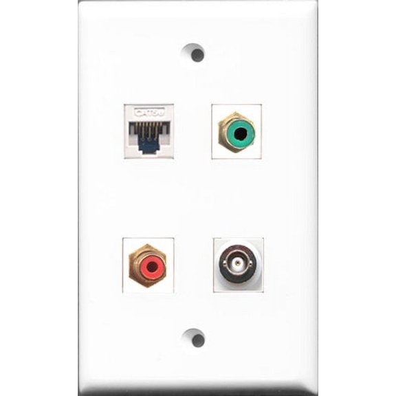 RiteAV 1 Port RCA Red and 1 Port RCA Green and 1 Port BNC and 1 Port Cat5e Ethernet White Wall Plate