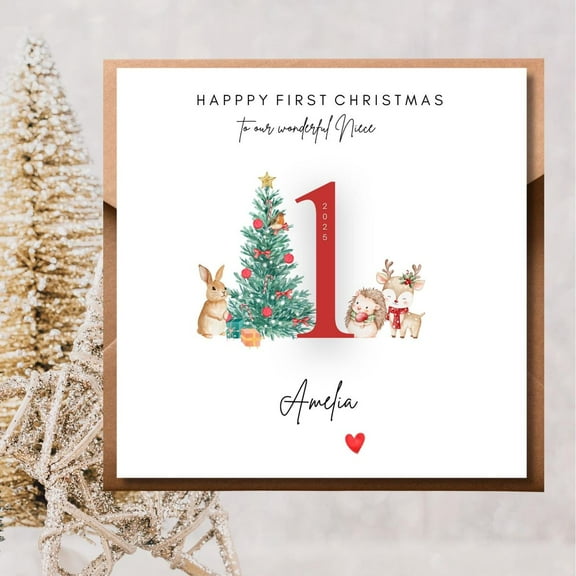 Happy First Christmas Card for Niece – Adorable Hand-Illustrated Design with Christmas Tree, Animals, and Personalization – Perfect Keepsake for Baby's First Holiday