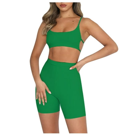 QATAINLAV Two Piece Outfit for Women s Yoga Workout Sets High Waisted Leggings Biker Shorts Matching Sports Backless Bra Gym Fitness Solid Clothes Tracksuit Today s Sales Green XL