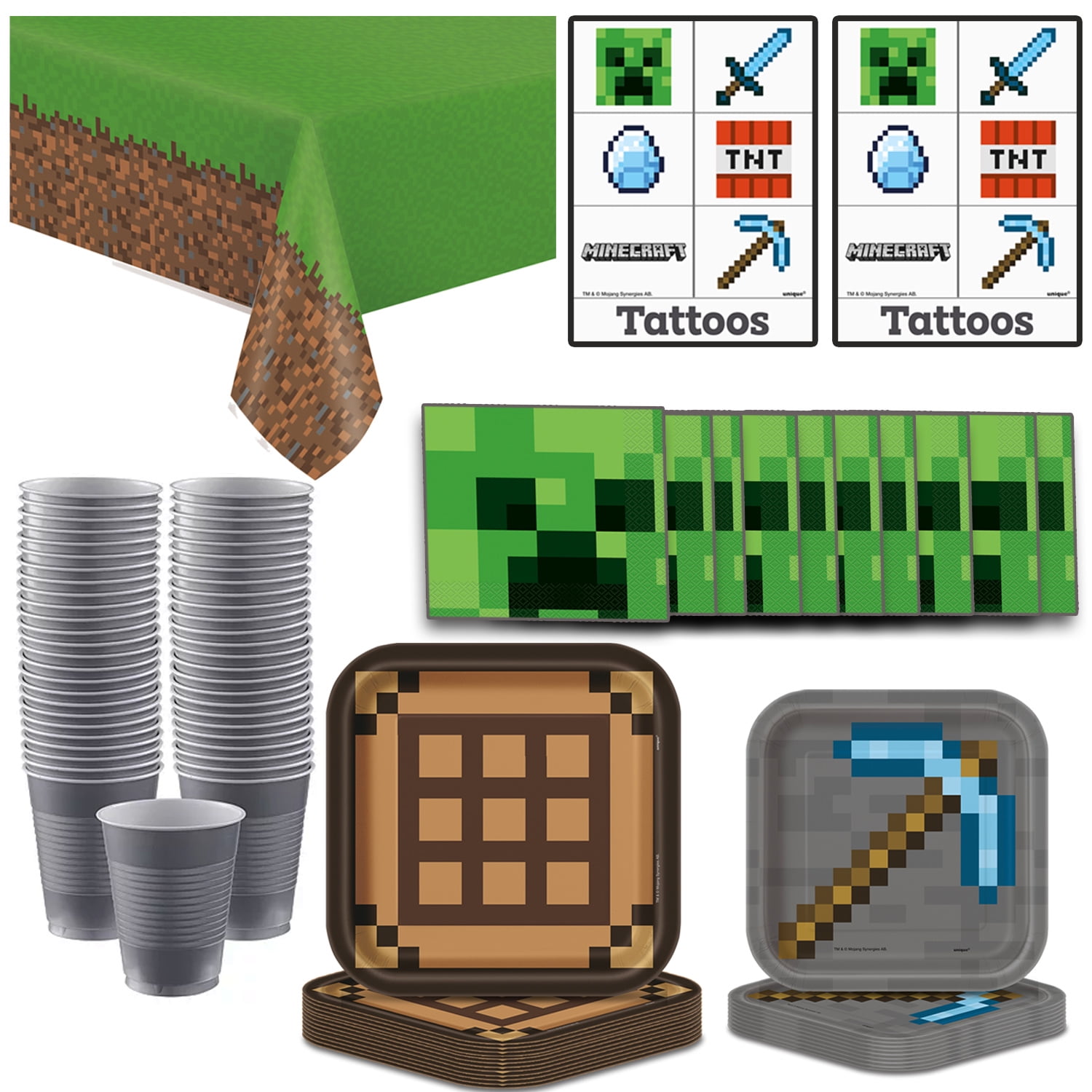 Dinner Plates Minecraft Party Supplies for 16 Tablecloth Napkins Dessert Plates Pixel Mining Theme Birthday Tableware and Favors Cups Tattoos