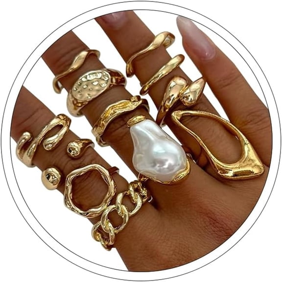 DESIGNICE Chunky Rings for Women Set 12 Pcs Gold Rings Non Tarnish Adjustable Ring for Women Vintage Stack Ring Chunky Jewelry