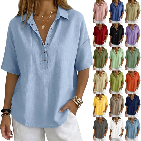 Axiiglly Cotton Linen Shirts Women V Neck Short Sleeve Loose Summer Casual Blouses 2026, S-3XL