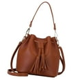 thumbnail image 2 of Bucket Bag Faux Leather Tassel Drawstring Crossbody Pouch Women Solid Color Shoulder Bag Handbag, Brown, 2 of 10