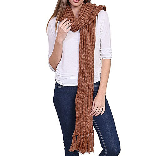 Women's Winter Warm Extra Long Stripe Knit Fringed Scarf - YS3702 (Brown)