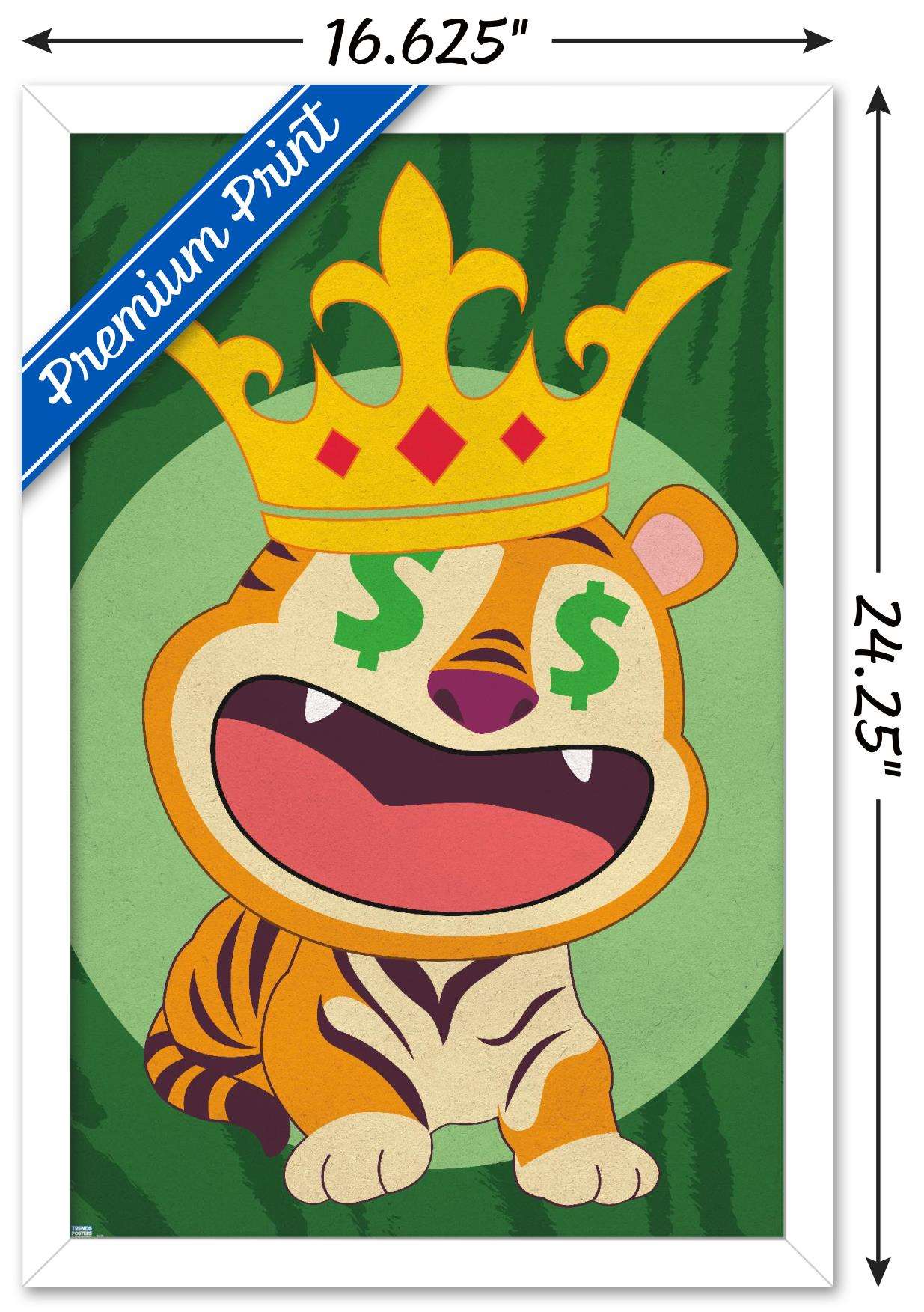 Tiger with Crown Wall Poster, 14.725" x 22.375", Framed