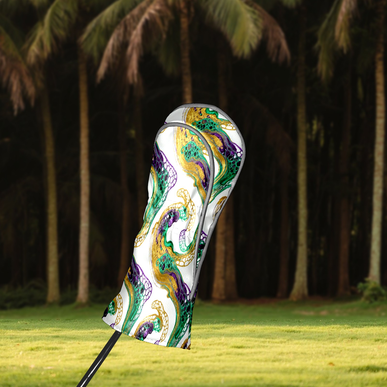 Golf Club Covers, Green GoldSwirl Premium PU Leather Driver Hybrid Putter Head Covers with Velvet Lining, Waterproof Golf Gifts for Men Women